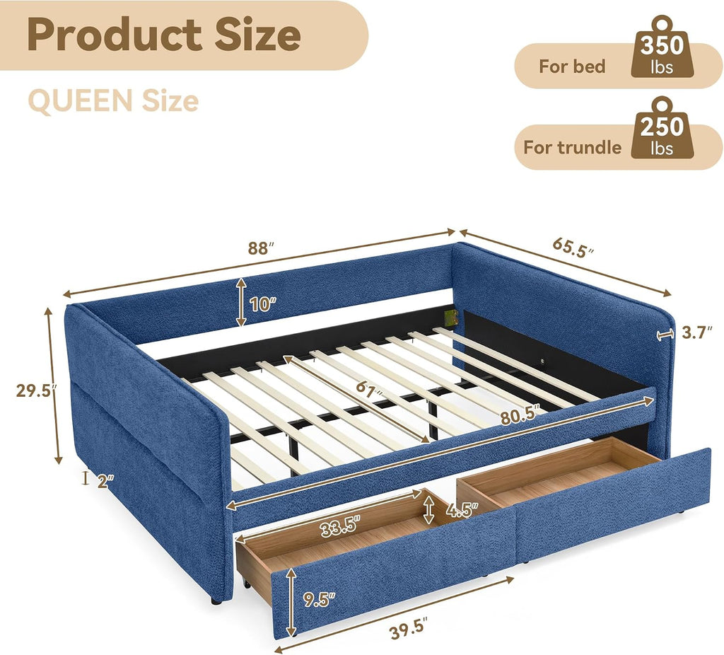 Queen Daybed with 2 Storage Drawers, Boucle Upholstered Daybed Frame with Tufted Design, Queen Size Storage Daybeds