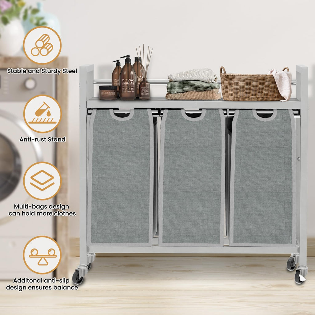 Laundry Sorter, Laundry Hamper 3 Section, 3×11.4Gal, Metal Frame Rolling Laundry Basket with Wooden Top Shelf, Pull