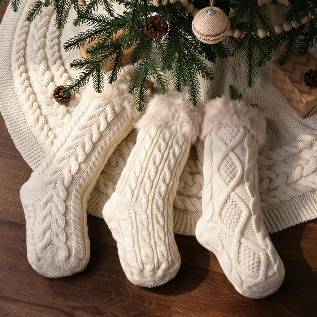 18 Inch Christmas Stockings, Set of 6 Cream White Assorted Cable Knitted Stockings with Faux Fur Cuff, Rustic