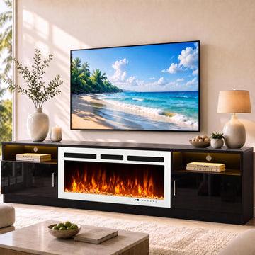 90" Fireplace TV Stand for TVs Up to 100", Entertainment Center with 50" Electric Fireplace and 12 Colors LED