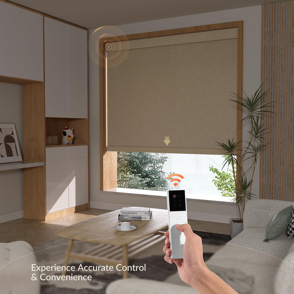Motorized Roller Blinds with Remote Control, Blackout Linen Fabric Automatic Roller Shades for Windows, Rechargeable