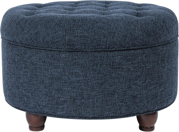 Home Decor | Large Button Tufted Woven Round Storage Ottoman (Navy Woven) 25 inch D x 25 inch W x 15 inch H