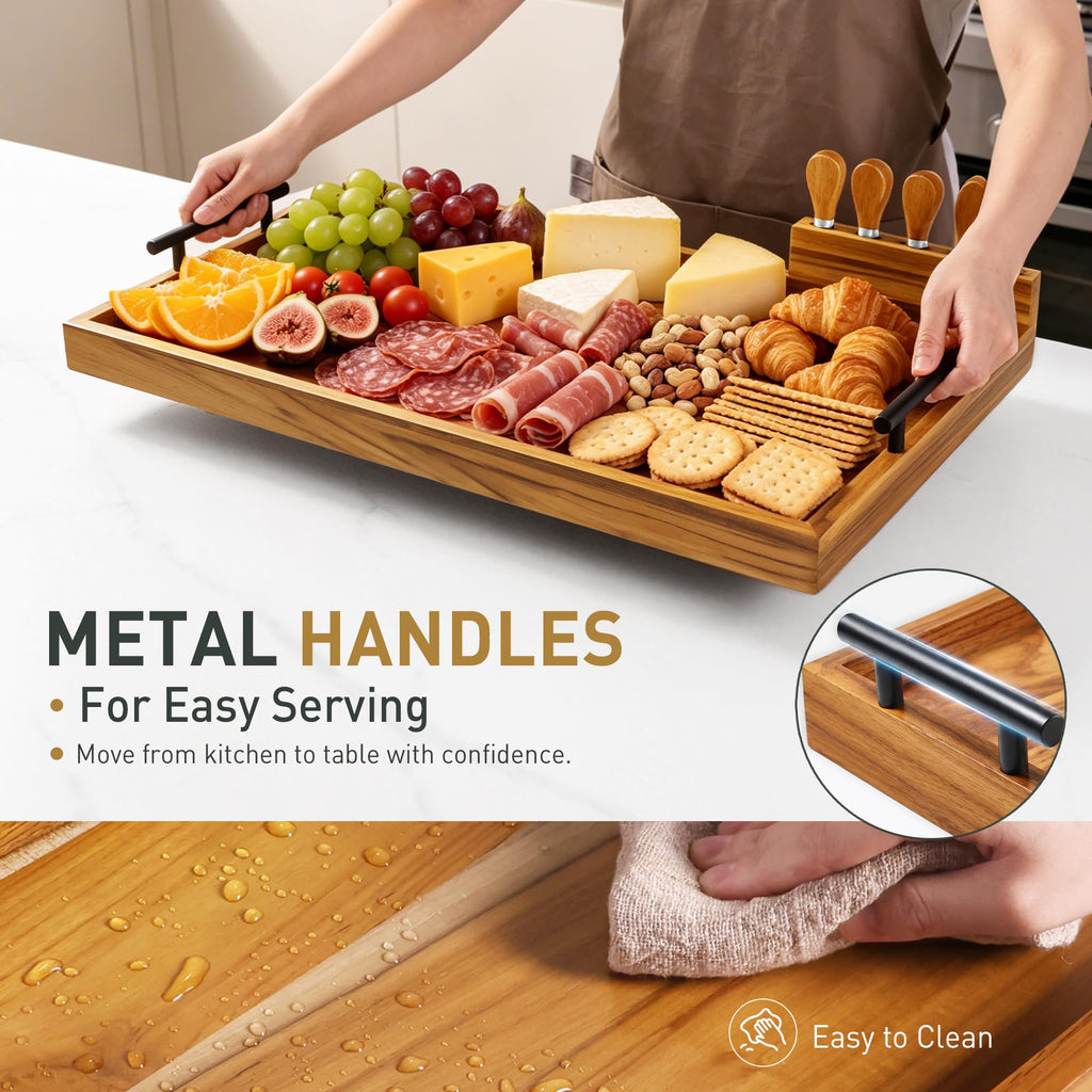 30 in Teak Big Charcuterie Board with 4-Piece Cheese Knife Set
