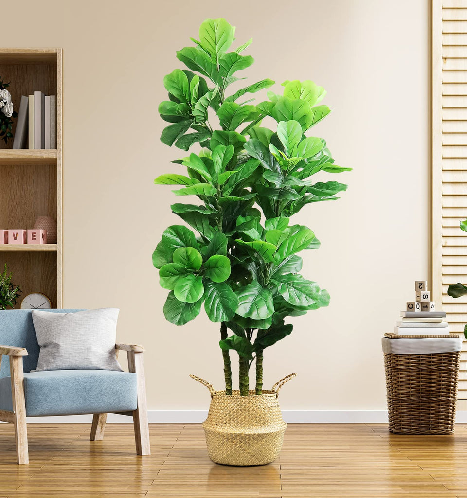 6Ft Artificial Fiddle Leaf Fig Tree with Woven Seagrass Basket and Realistic Moss Tall Fake Plants Large Faux Tree