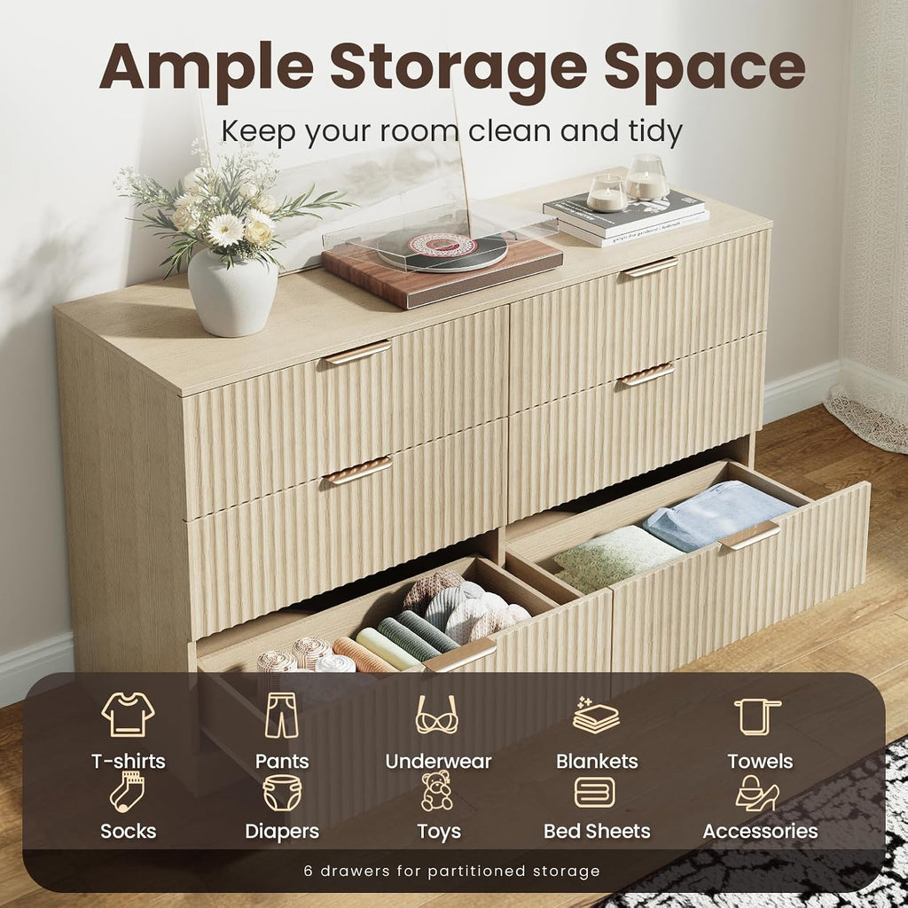 Modern Fluted 6 Drawer Dresser, Wide Wooden Storage Cabinet with Metal Handles, Silent Glide Drawers, Anti-Tip Chest