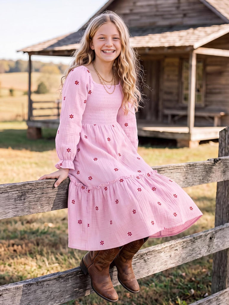 Girls Long Sleeve Boho Maxi Dress Fall Flowy A‐Line Dress