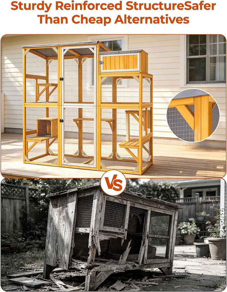 Wooden Catio Outdoor Cat Enclosure Large Walk-in Cat House with 5 Multi-Level Platforms, Scratching Post, Resting Den