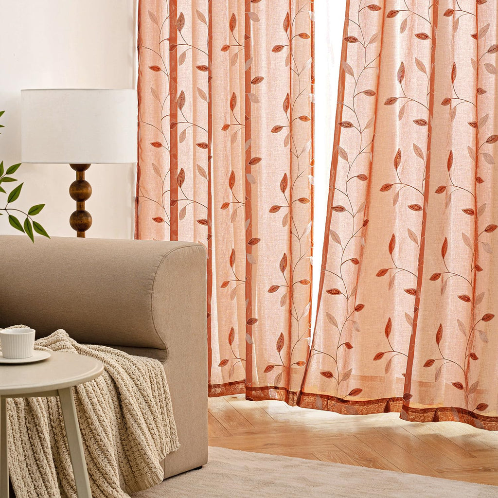 Burnt Orange Sheer Fall Curtains 2 Panels Leaf Patterned, W52 x L45