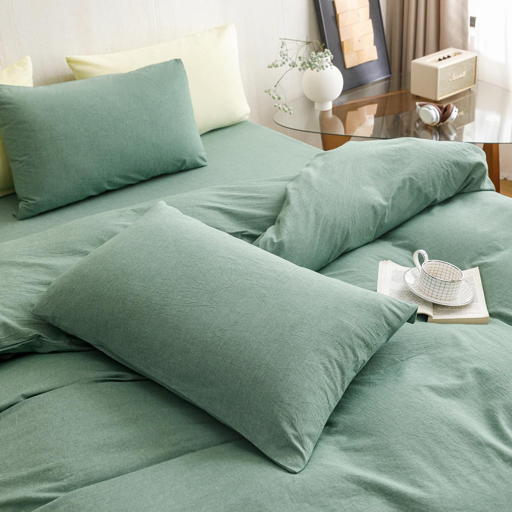 Green Comforter 100% Washed Cotton Bedding Set with Breathable & Soft Linen Feel Solid Foreat Green Bedding
