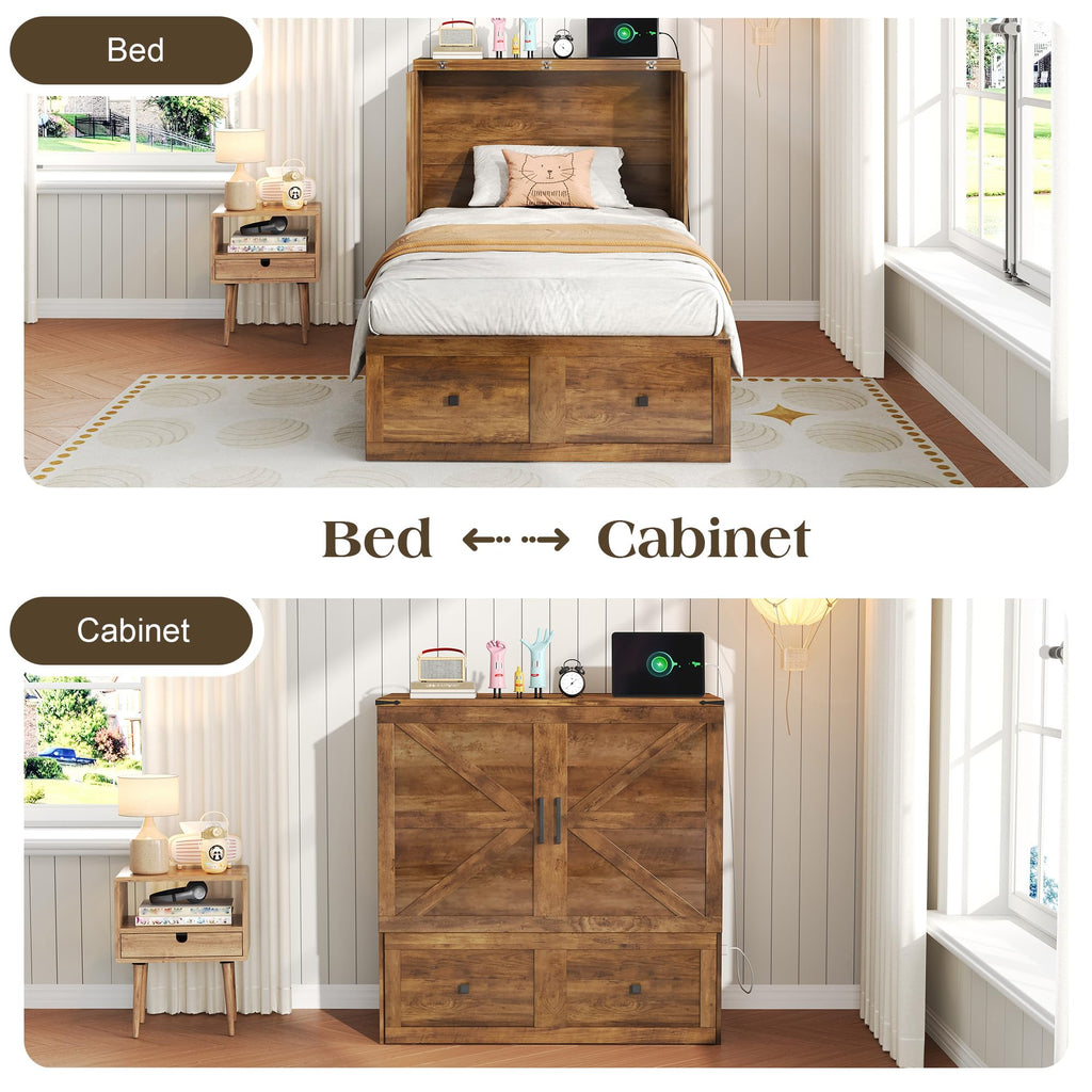 Twin Barnwood Murphy Bed with 6" Tri-Fold Memory Foam Mattress