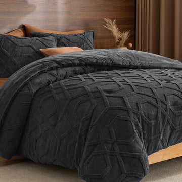 Warm Sherpa Fleece Comforter Set, 3D Tufted Fluffy Dark Grey Bedding for Winter, Soft 3 Pieces Shaggy Bed Set