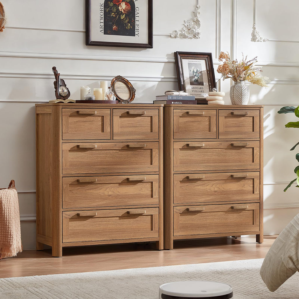 Farmhouse 5 Drawer Dressers, Brown