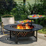 47 Inch Fire Pit with 2 Grills, Wood Burning Fire Pits for Outside with Lid & Poker, BBQ& Outdoor Firepit & Round Metal Table 3 in 1 for Patio