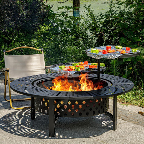 47 Inch Fire Pit with 2 Grills, Wood Burning Fire Pits for Outside with Lid & Poker, BBQ& Outdoor Firepit & Round Metal Table 3 in 1 for Patio