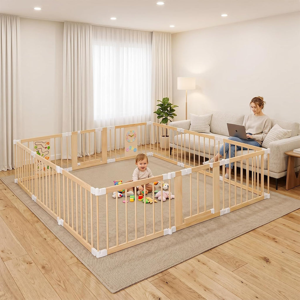Baby Playpen with Montessori Toys, 12 Panels Foldable Wooden Play Yard for Toddlers & Infants 2-in-1 Baby Fence Play