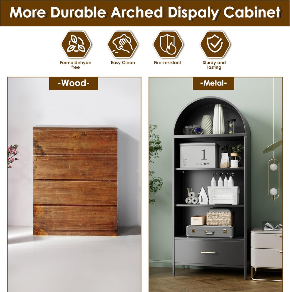 73" Tall Arched Bookcase with Drawer, Metal Arched Cabinet with 2 Adjustable Shelves, Open Display Shelf