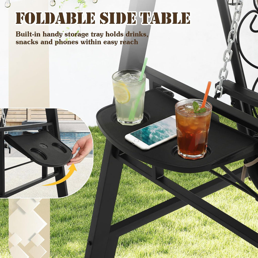 Outdoor Porch Swing with Stand, 350lbs Capacity, Height Adjustment | 1 Seat, Heavy-Duty Metal Frame, Cup Holders