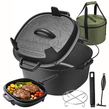 Cast Iron Camp Dutch Oven 9QT, Pre-Seasoned Camping Dutch Oven with Lid, Flat Bottom Outdoor Pot with Lid Lifter, Pot