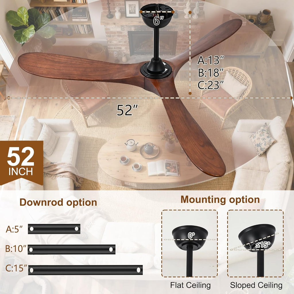 52 Inch Ceiling Fans with Lights and Remote, Modern Wood Outdoor Ceiling Fan with Light