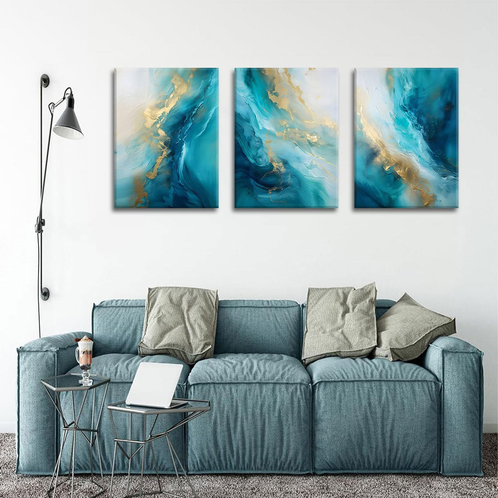 Teal Gold Canvas Wall Art Set of 3 Abstract Aqua Blue Gold Marble Fluid Wall Decor Pictures Neutral Modern Minimalist