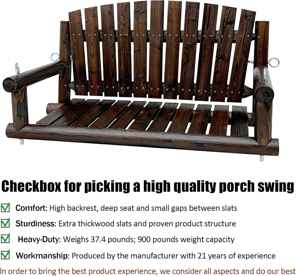3.5 FT Rustic Log Wooden Porch Swing, Heavy-Duty 900 LBS, Outdoor Hanging Bench , Garden, Yard - Solid Fir Wood