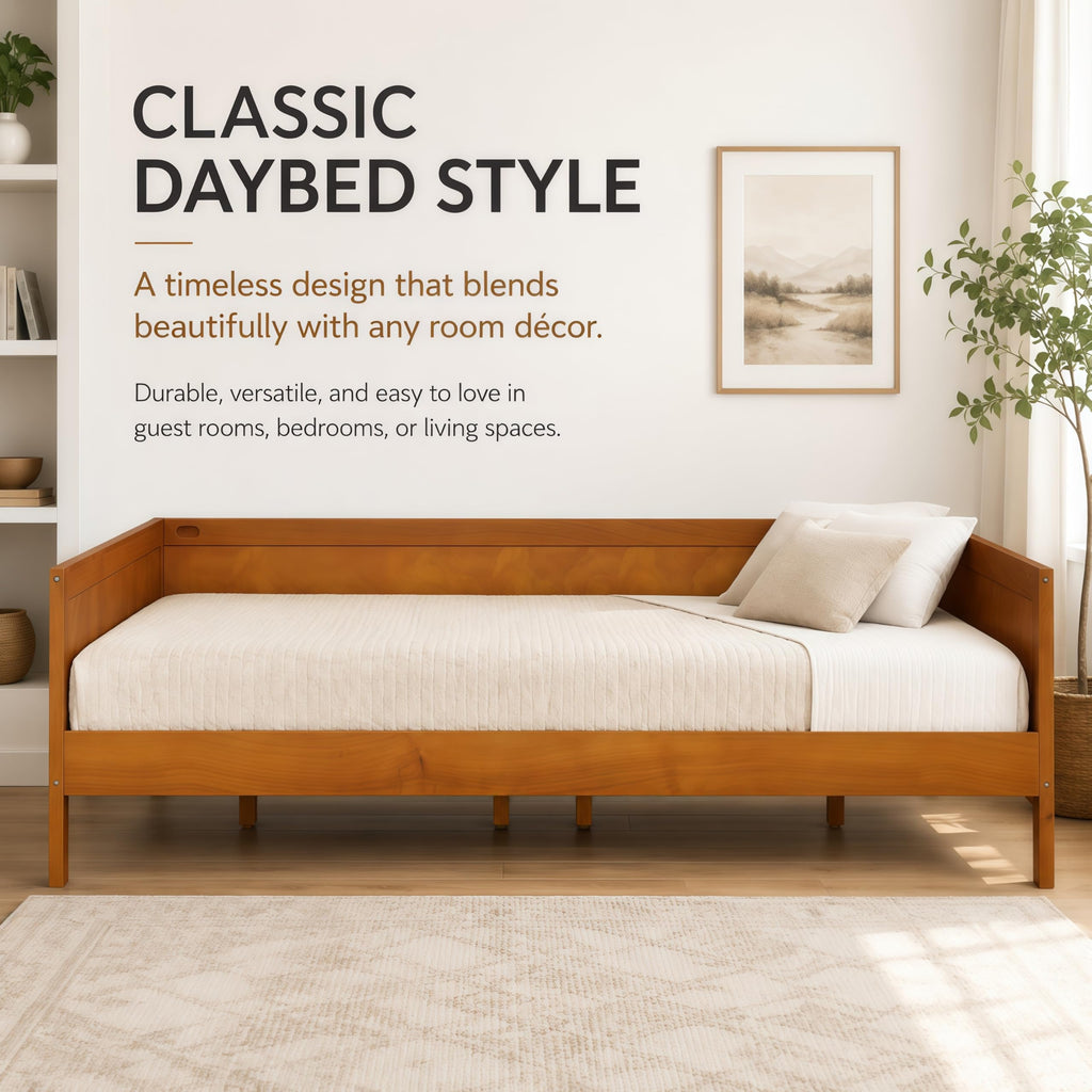 Full Size Mid-Century Modern Wood Daybed with Slat Support, Light Walnut