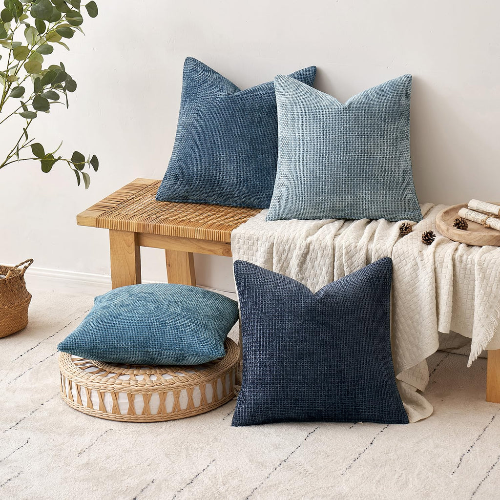 Soft Decorative Chenille Pillow Covers Blue Series 20x20 Pack of 4