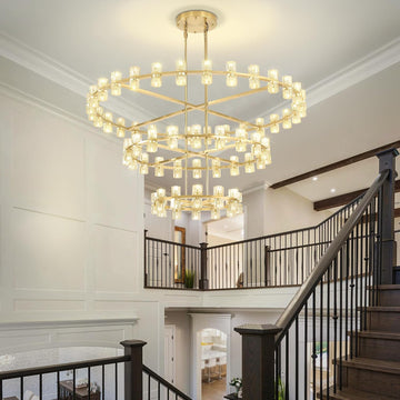 Inspired Arcachon Style 3-Tier Round Wagon Wheel Chandelier, 24" + 40" + 59" 124-Light Gold — Grand Foyer & High Ceilings