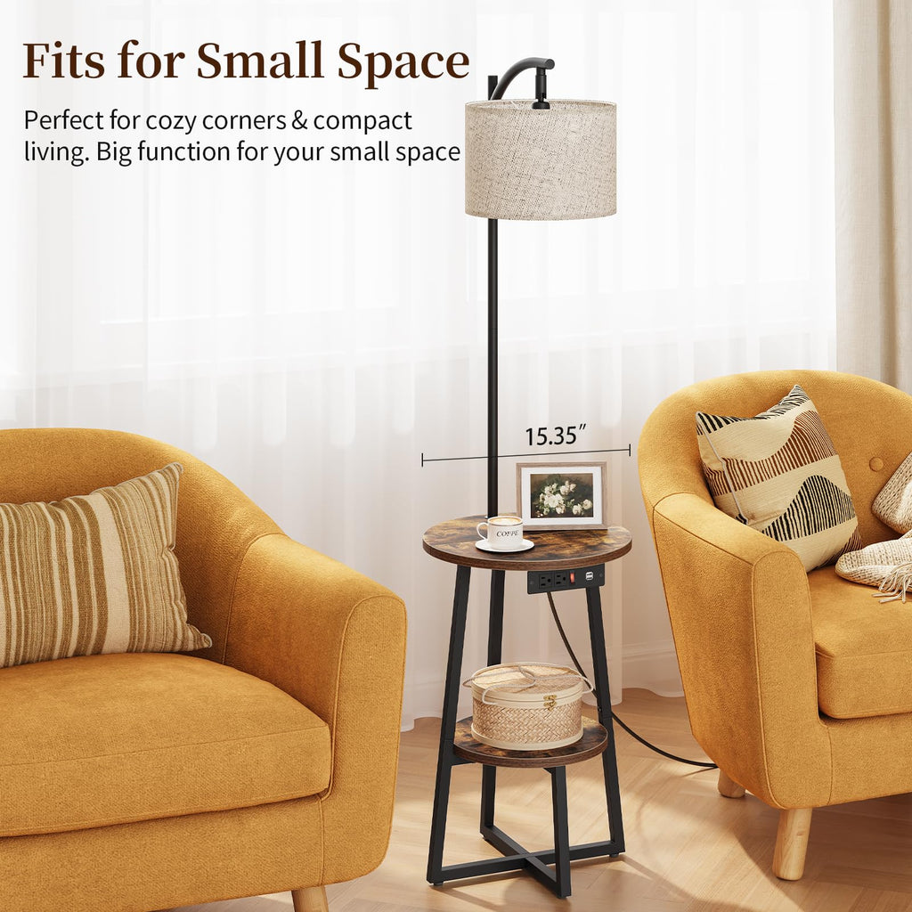 Floor Lamp with Table - Farmhouse Night Stand with Charging Station