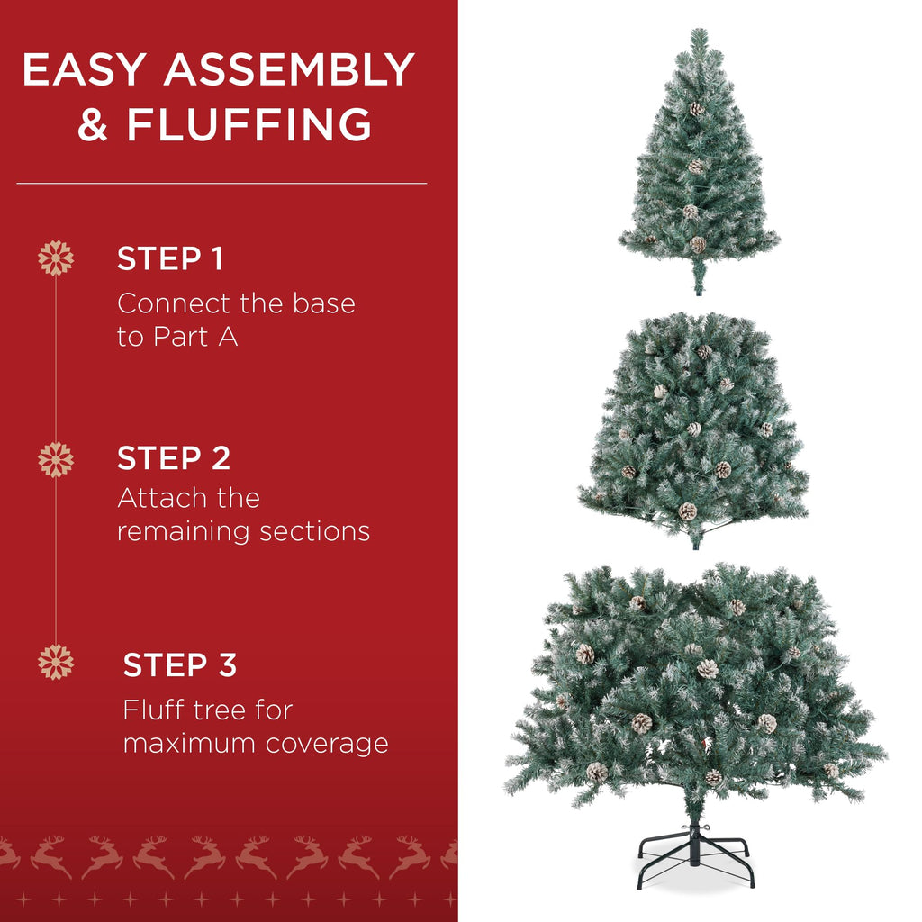 7.5ft Pre-Lit Pre-Decorated Pine Artificial Christmas Tree w/ 1, 346 Flocked Frosted Tips, 80 Pinecones, 550 Lights