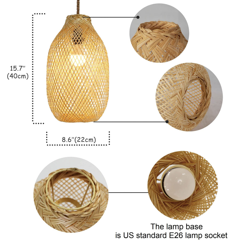 Bamboo Bulb Guard Lamp Cage for Pendant Lights, Rustic Vintage Bamboo Lamp Shade with FREE Dimmable 40W LED Bulb