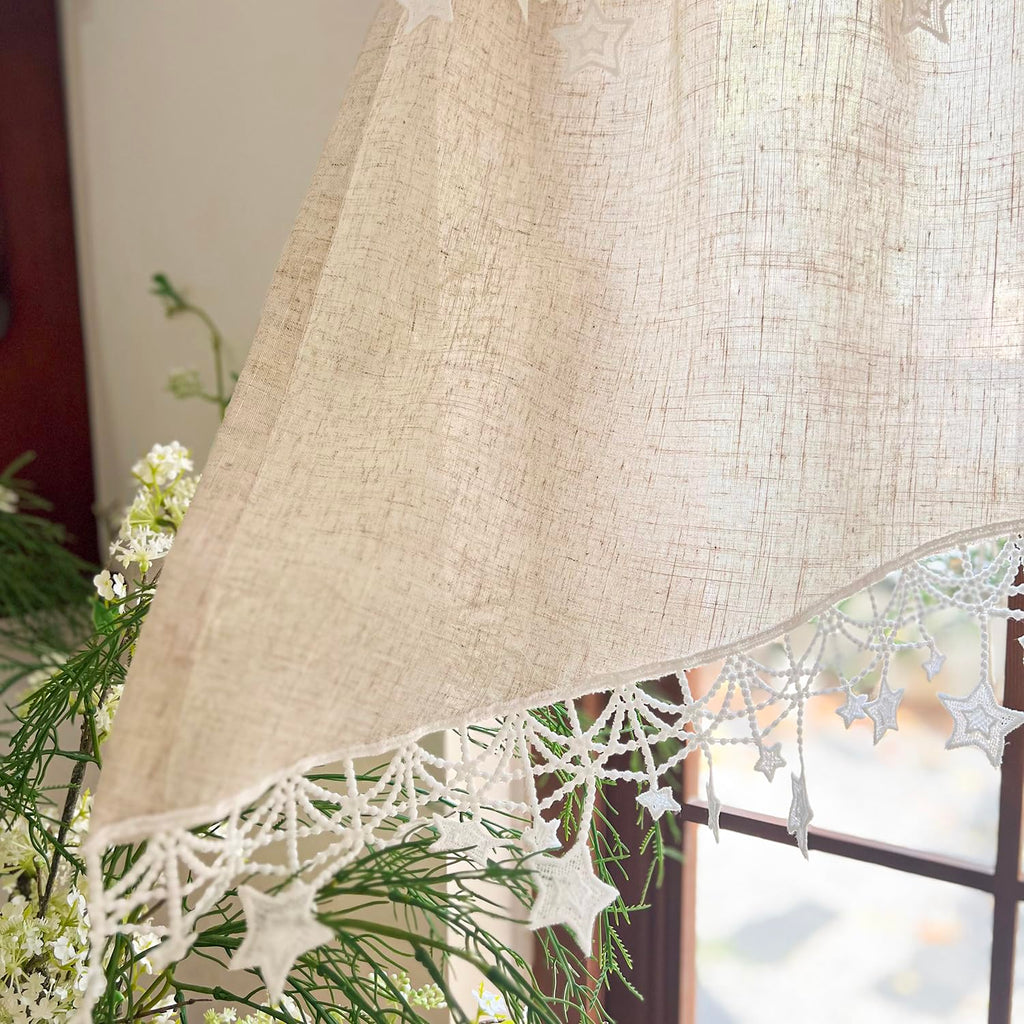 1 Panel Boho Style Beige Arched Linen Cafe Curtain Valance with Stars Trim