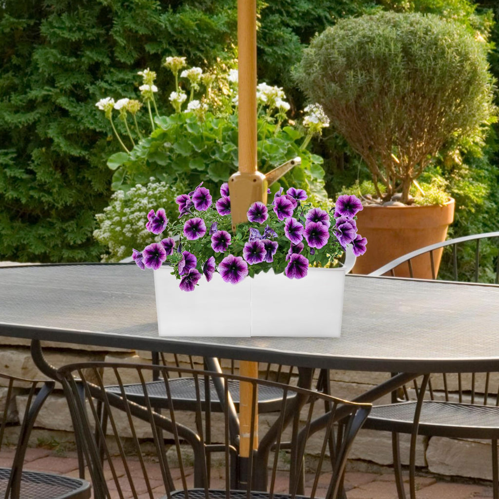 Umbrella Planter Table (White Square), w/Umbrella Hole, Enamelware Rectangular Planter Pots