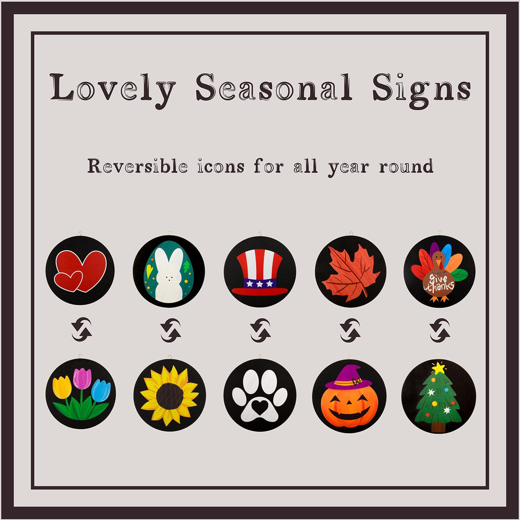 Welcome Sign for Front Porch Standing, Interchangeable Wooden Sign with 5 Designed Double-Sided Icons for Front Door