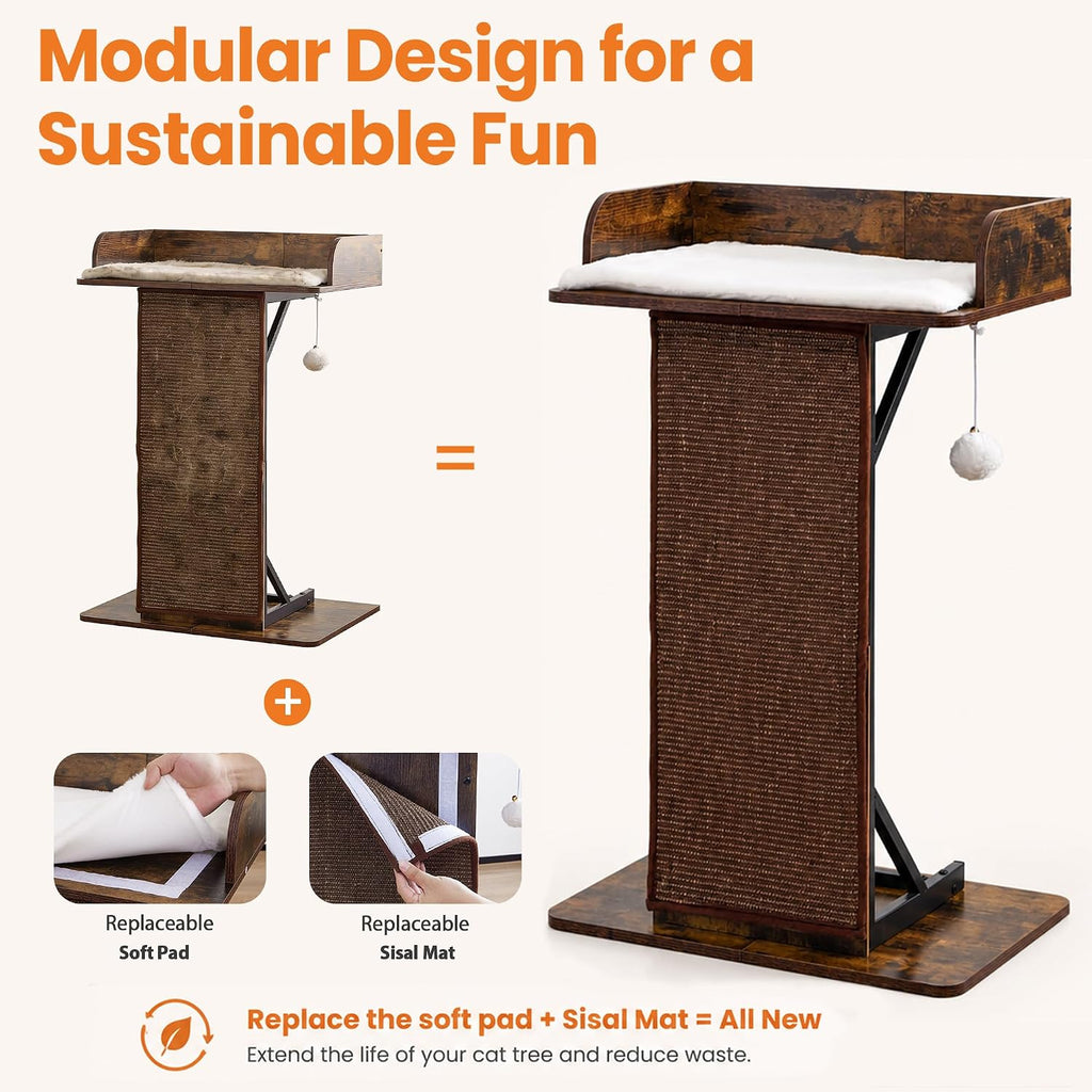 Modern Wood Cat Tree Tower for Indoor Large Adult Cats with Big Perch Bed