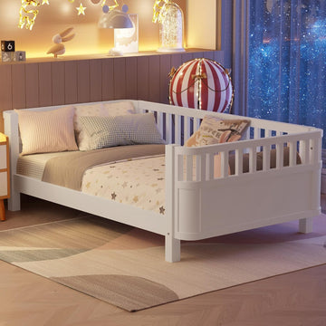 Platform Bed with Fence, Low Bed Frame with Detachable Side Bed Rails, Wooden Montessori Beds for Girls