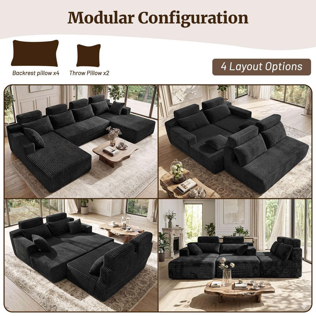 134" Boneless Couches - Modular Sectional Sofa U Shaped Oversized Deep Seat High Back Corduroy No Assembly Modern