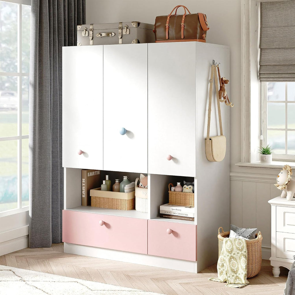 White Armoire Wardrobe Closet with Hanging Rod - Freestanding 3-Door Wooden Wardrobe Cabinet Closet Armoires