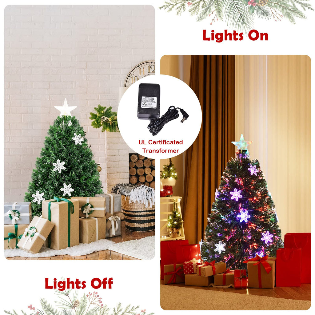 3FT Pre-Lit Christmas Tree with Multicolored Fiber Optics, 12 Snowflake LED Lights, Stunning Star, 85 PVC Tips