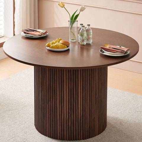 47 Inch Round Dining Table with Walnut Veneer, Rustic Farmhouse Style Kitchen Dinner Table for 4 - 6 People, MDF Core