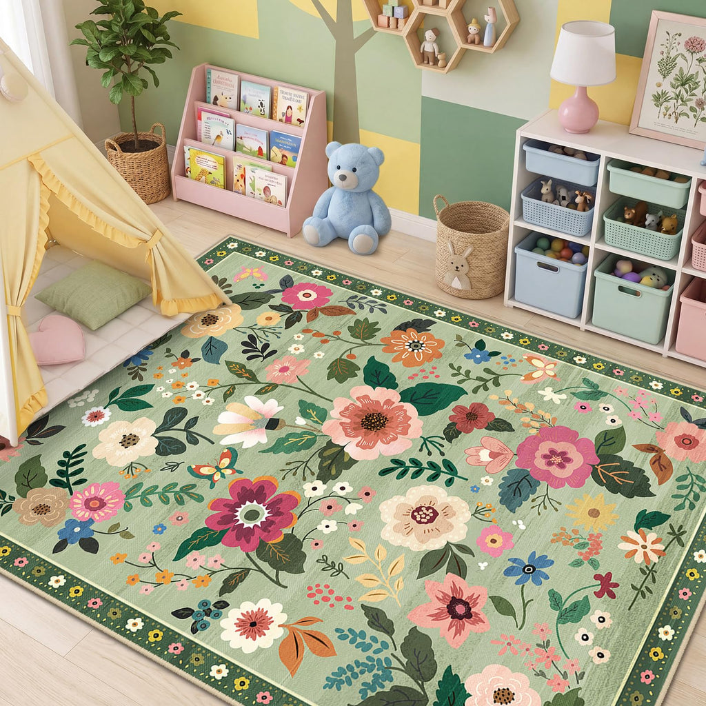 Floral Washable 4x6 Area Rugs LightGreen