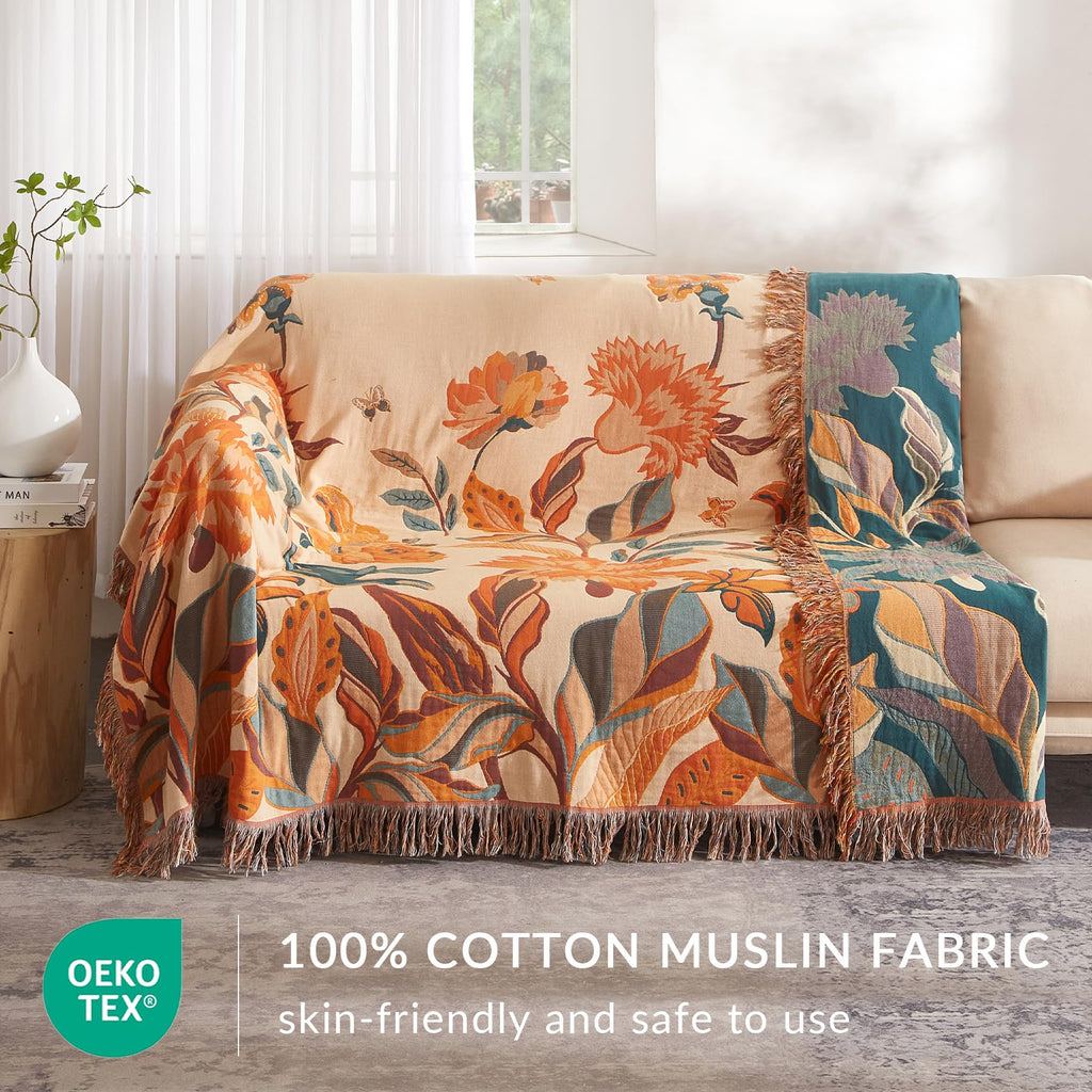 Boho Throw Blanket, 100% Cotton, Woven Floral Pattern, 50"x60"