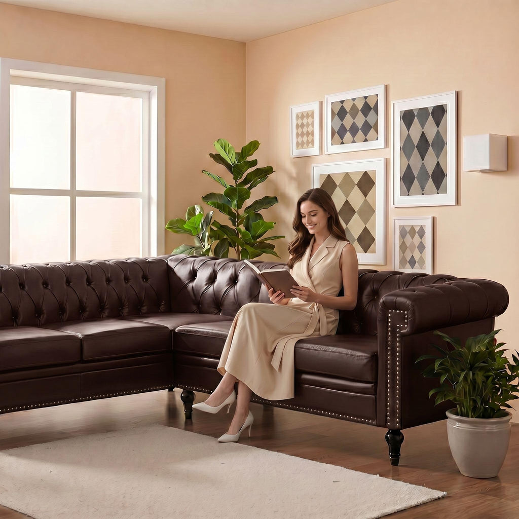 84" Chesterfield Sectional Sofa with 3 Pillows, Tufted 5 Seat Faux Leather Couch, Modern L Shaped Sectional Couch