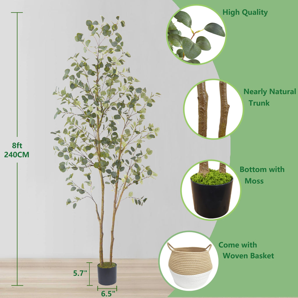 Artificial Eucalyptus Tree 8ft Fake Plant with Woven Basket