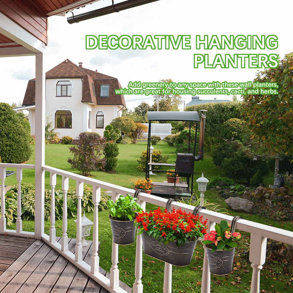 3 Pack Metal Railing Planter Box Outdoor, 10.6" Hanging Flower Pots with Detachable Hooks & Drainage Holes, Rail