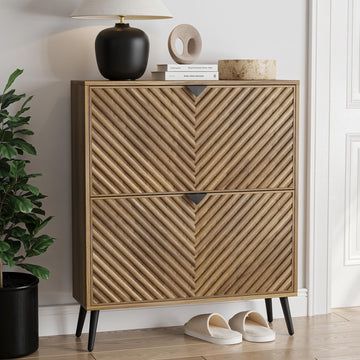 Walnut Shoe Cabinet with 2 Flip Drawers, 31.5" Hidden Shoe Storage Cabinet with Fluted Diamond Doors, Freestanding