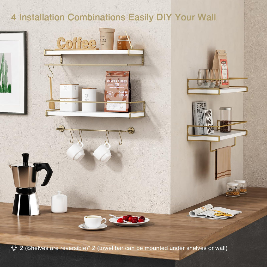 Floating Bathroom Shelves Wall Mounted, White and Gold Wall Shelf