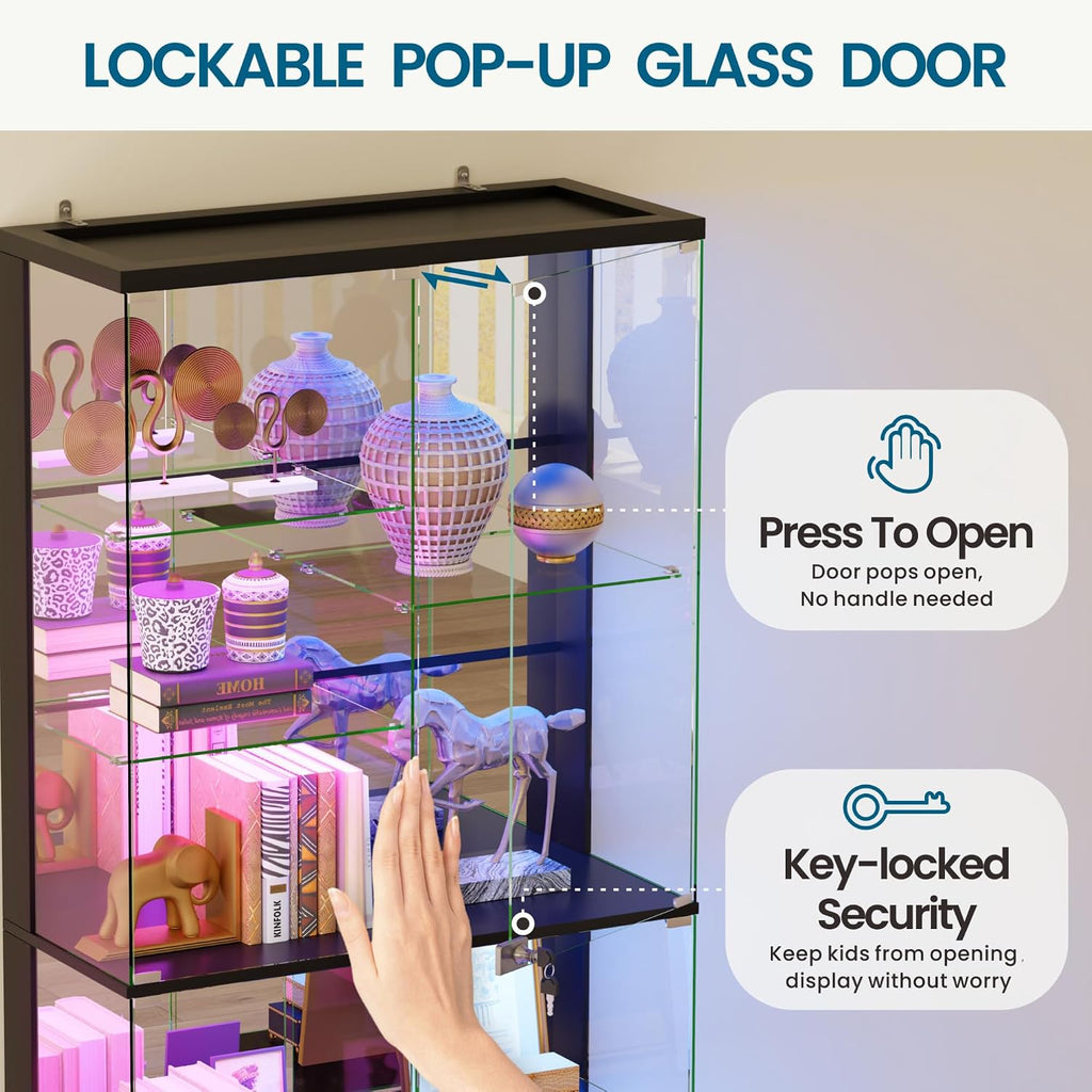 10-Tier Glass Display Cabinet with RGB Light and Motion Sensor,Black | 71''H Lockable Curio Cabinet with Glass