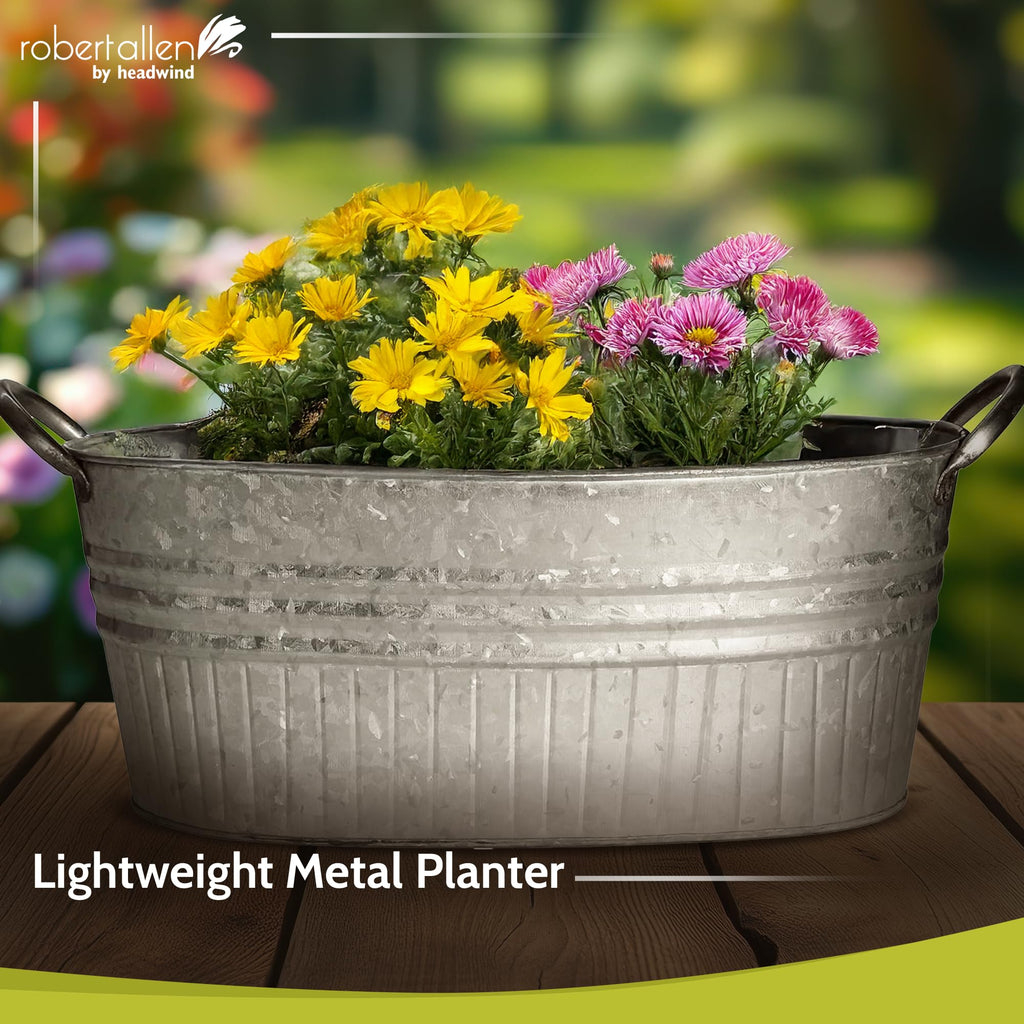 Decorative Planter - Oval Galvanized Tubs Planter with Handles - 24 Inch Lightweight Steel Indoor Oval Plant Pot with