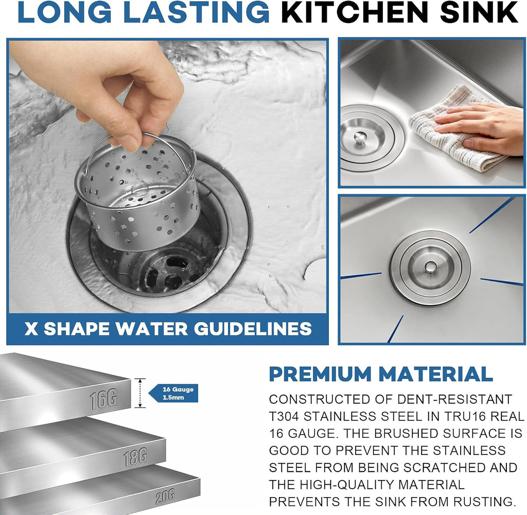 32 Inch Workstation Kitchen Sink, 16 Gauge Undermount Sink | 304 stainless steel single bowl, 32"×19"×10", includes
